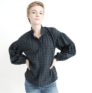 Madewell Navy Plaid Button-Up Shirt With Balloon Sleeve Ruffle Collar Size XS